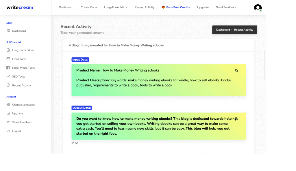 Screenshot of Writecream "recent Activity"